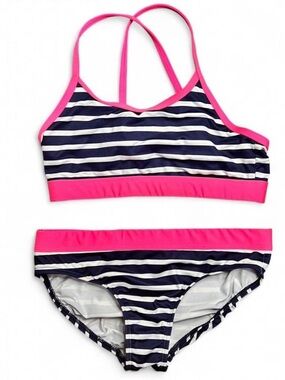 Lands End Girls Navy Stripe Bikini with Pink Trim - Kids Swim